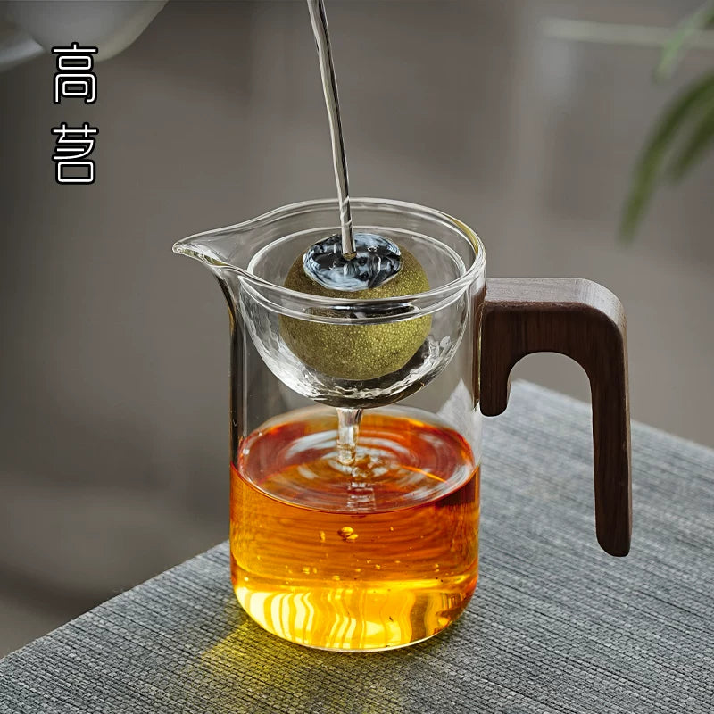 Small Green Tangerine Tea Pot with Infuser, Glass Tea Maker with Wooden Handle, 301-400ml