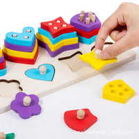 Wooden Geometric Shape Stacking Toy for Toddlers, Montessori Educational Sorting & Matching Puzzle, 5-Column Cognitive Learning Block Set