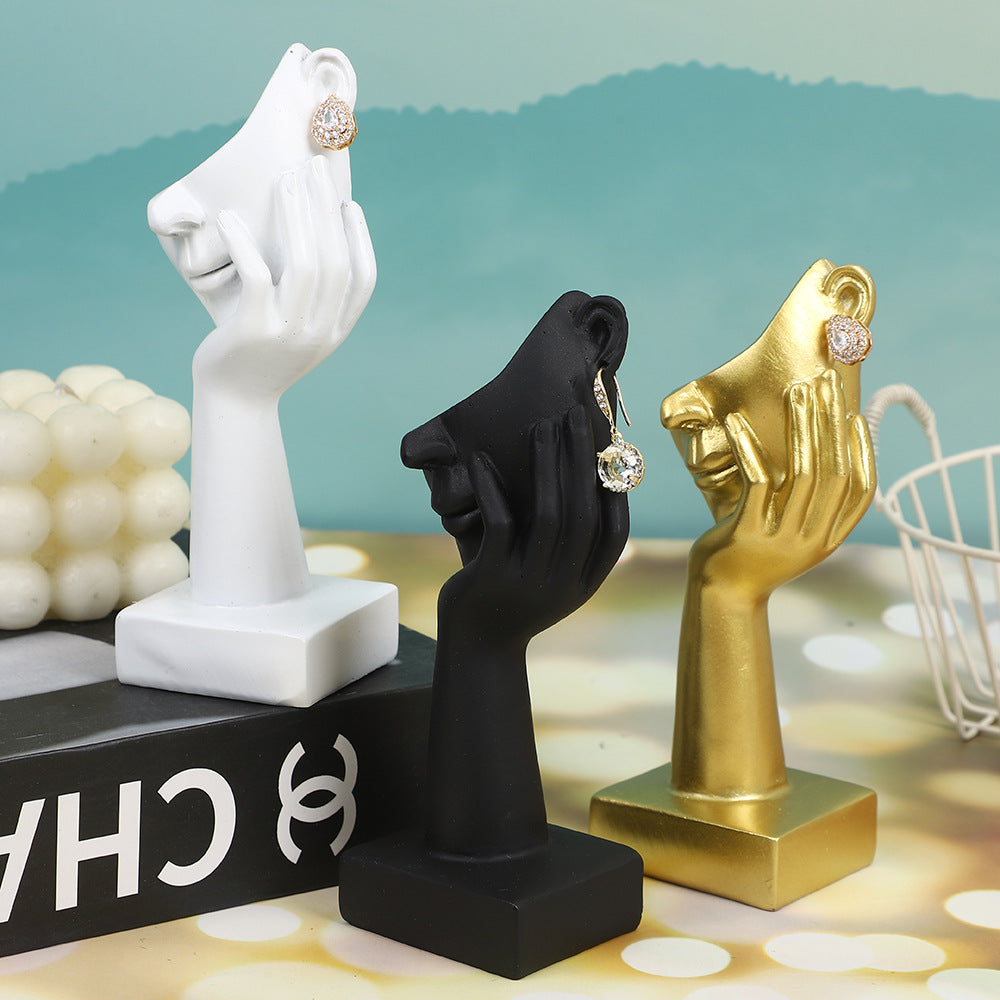 Silent Gold Mask Figurine Earring Display Stand Resin Craft Ornament for Home Decor