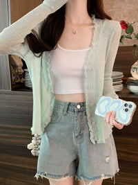 Women's Summer Sun Protection Cardigan Thin Breathable Ice Silk Knit Ruffle Edge Outerwear