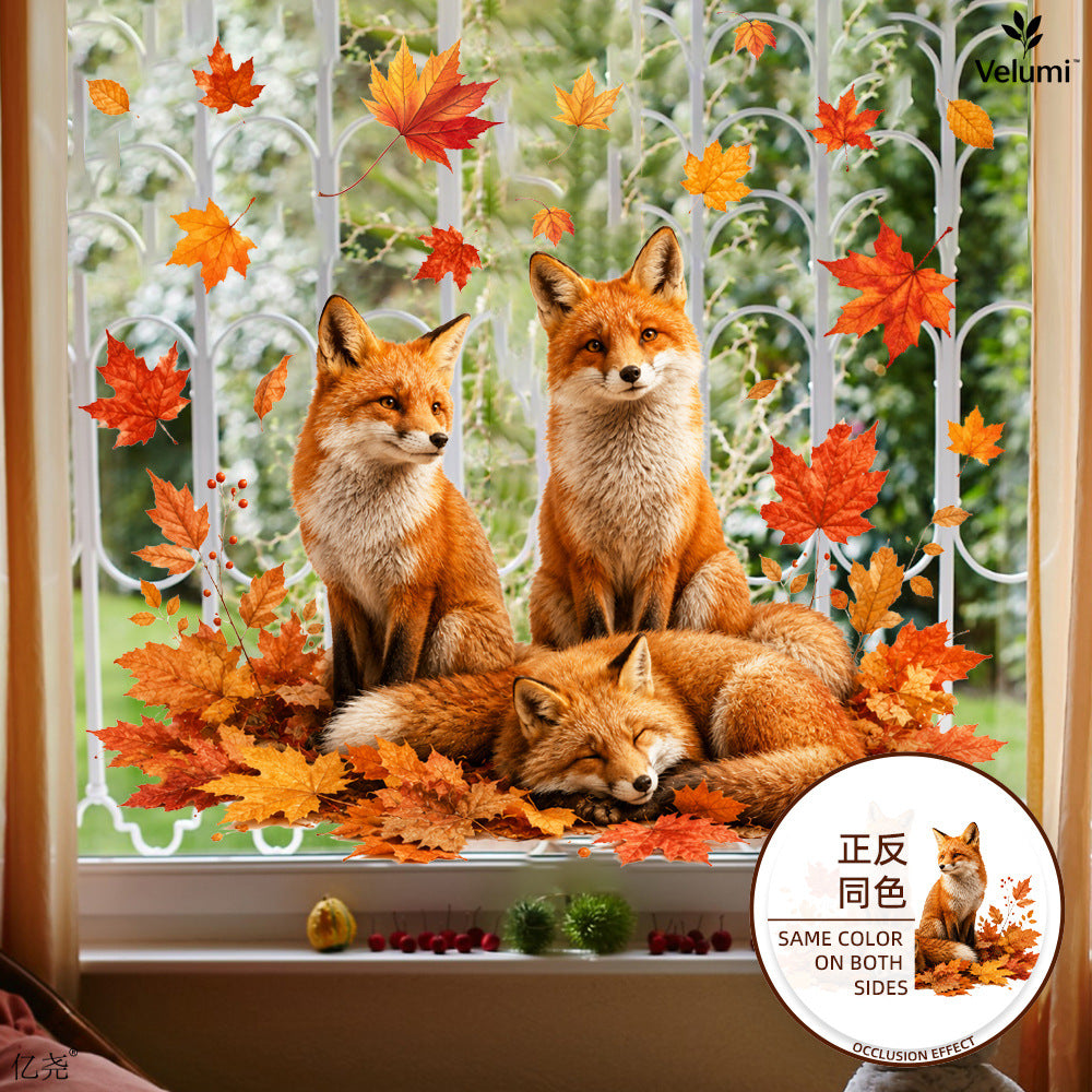 Thanksgiving Autumn Fox Maple Leaf Window Clings for Glass Doors