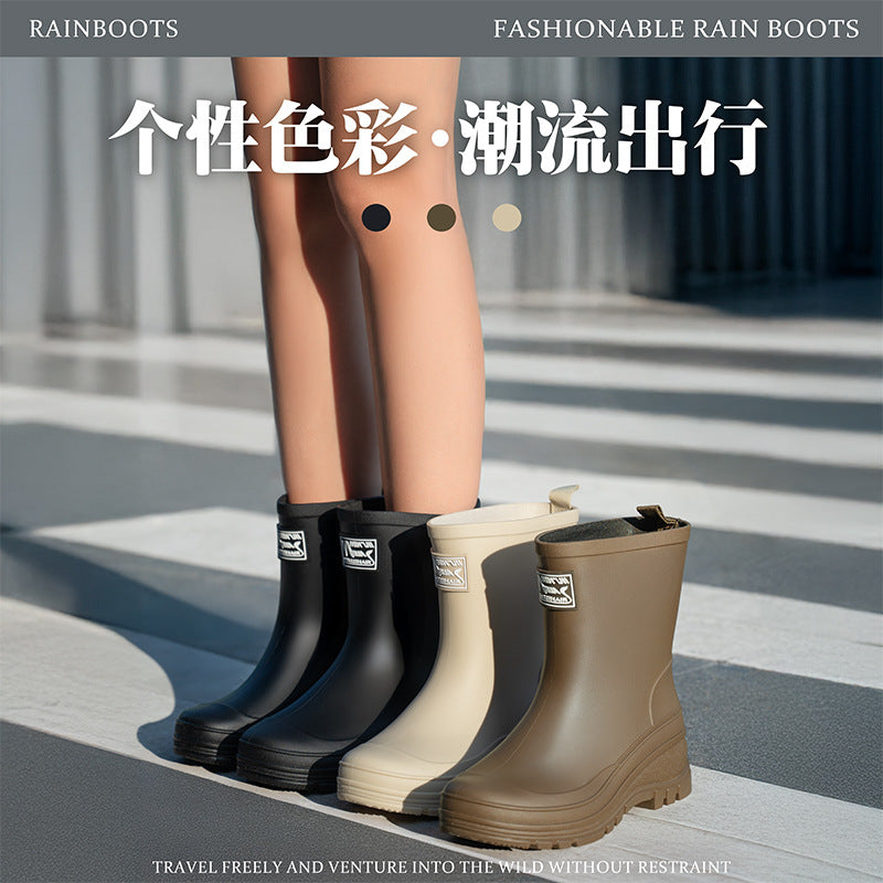 Women's Mid-Calf Rain Boots with Drawstring, Non-Slip Waterproof Rubber Shoes, Warm Lined