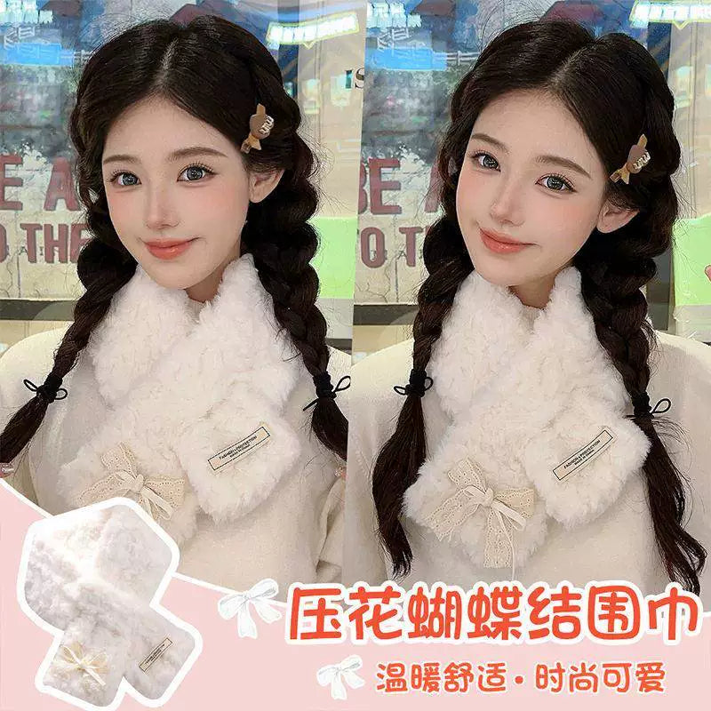Korean Style Lace Bowknot Embossed Winter Warm Neck Scarf