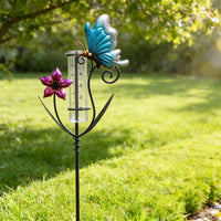Decorative Iron Art Rain Gauge with Glass Measuring Cup for Outdoor Garden