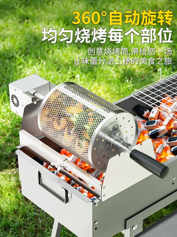 Rolling BBQ Grill Basket Rotisserie Smoker Cage for Outdoor Grilling