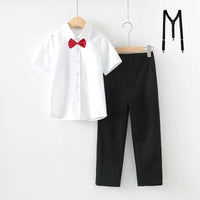 Boys' Formal Performance Outfit Set with White Shirt, Black Pants, Bow Tie, and Suspenders
