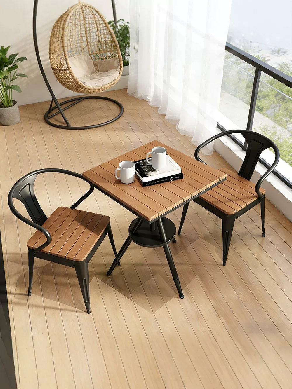 Modern Minimalist Iron Art Wood Composite Balcony Cafe Outdoor Table and Chair Set