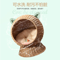 Woven Rattan Cat Bed with Removable Cushion and Scratch Pad, Pet House for Cats and Small Dogs
