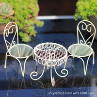 1:12 Miniature Dollhouse Wrought Iron Table and Chair Set with European Sun Umbrella for Outdoor Patio Garden