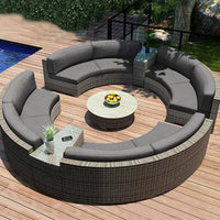 Outdoor Rattan Half-Moon Sectional Sofa Set with Coffee Table for Patio Garden