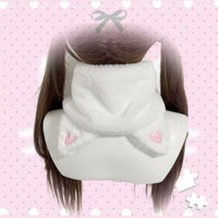 Sweet Dessert Cat Ear Scarf with Paw Print, Japanese Style Plush Warm Winter Neck Warmer