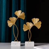 Metal Ginkgo Leaf & Monstera Leaf Figurine Ornaments with Crystal Ball Base for Home Decor