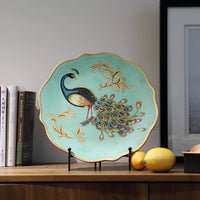 Vintage American Ceramic Peacock Decorative Plate with Iron Stand for Living Room Entryway Home Decor