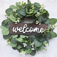 American Welcome Eucalyptus Wreath with Wooden Sign for Front Door Decor