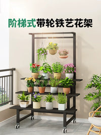 3-Tier Metal Plant Stand with Wheels, Hanging Basket Design, Indoor/Outdoor