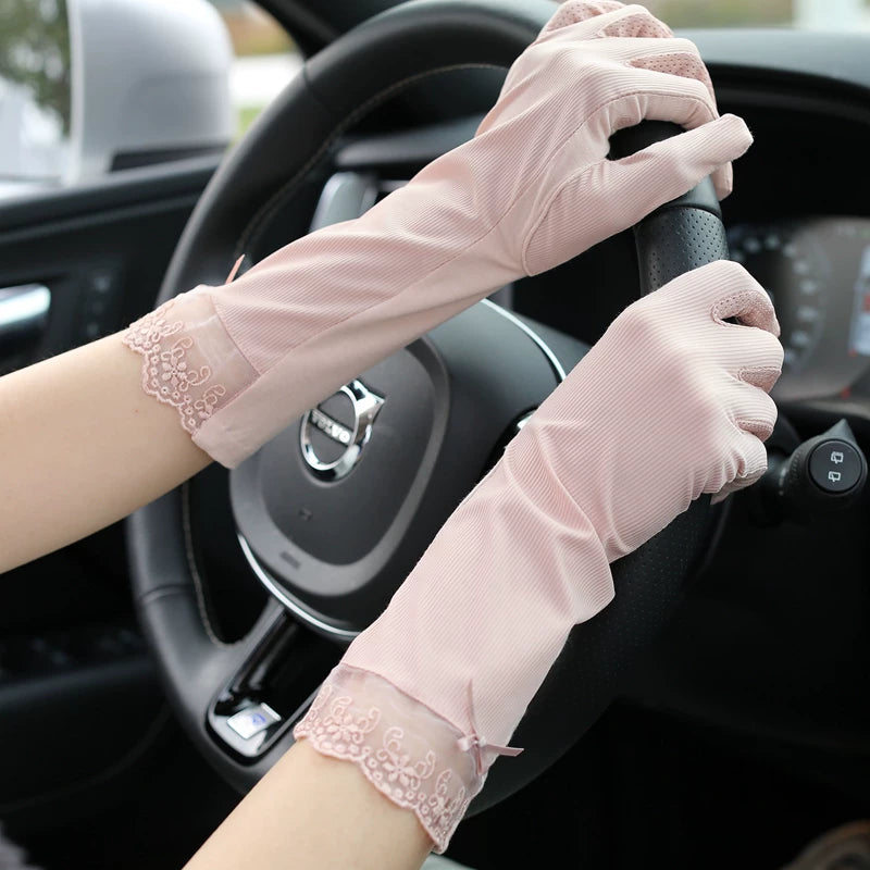 Women's Summer Ice Silk UV Protection Driving Cycling Sunscreen Gloves with Touchscreen