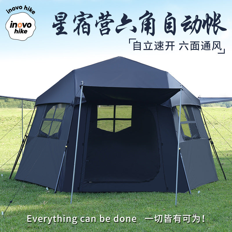 Hexagonal Automatic Ridge Tent Tarp 2-in-1 Rainproof Sunscreen Camping Shelter with Titanium Coating