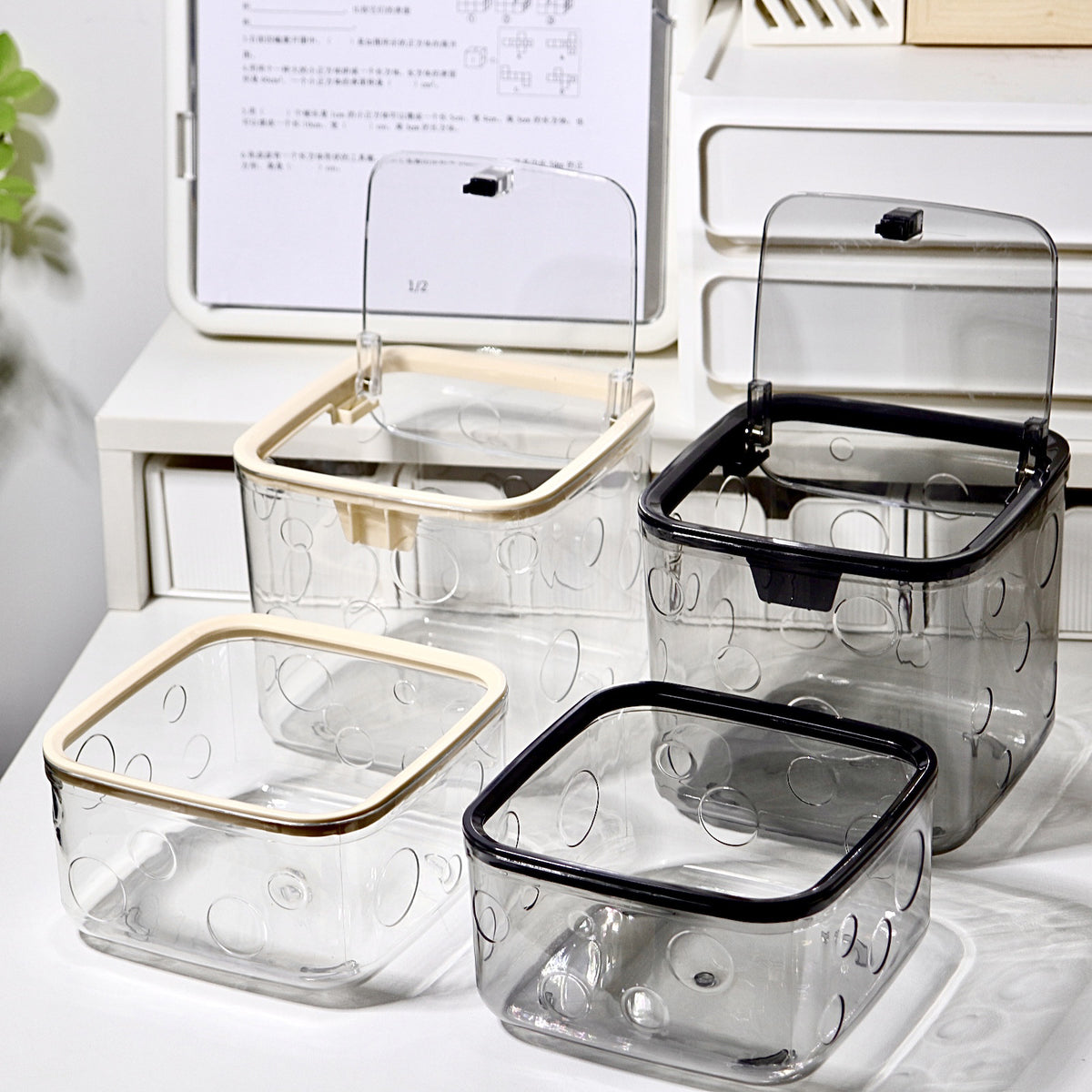 Ins Style Creative High-Value Desktop Trash Can with Lid, Transparent Household Storage Box for Hair Ties and Accessories