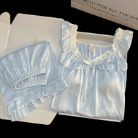 Women's Ice Silk Pajama Set with Built-in Bra Pads, Short Sleeve Lace Trim Homewear