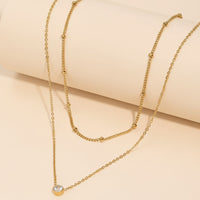 Elegant Double-Layer Stainless Steel Necklace with Single Diamond Pendant for Women