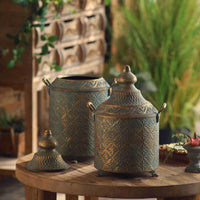 Rustic Iron Vase with Lid and Handles - Distressed Finish Decorative Storage Box
