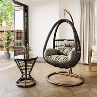 Outdoor Wicker Swing Chair with Stand and Table, Rattan Hanging Basket Chair for Patio Balcony Garden