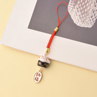 Japanese Lucky Cat Ceramic Phone Charm with Braided Lanyard for Bags and Gifts