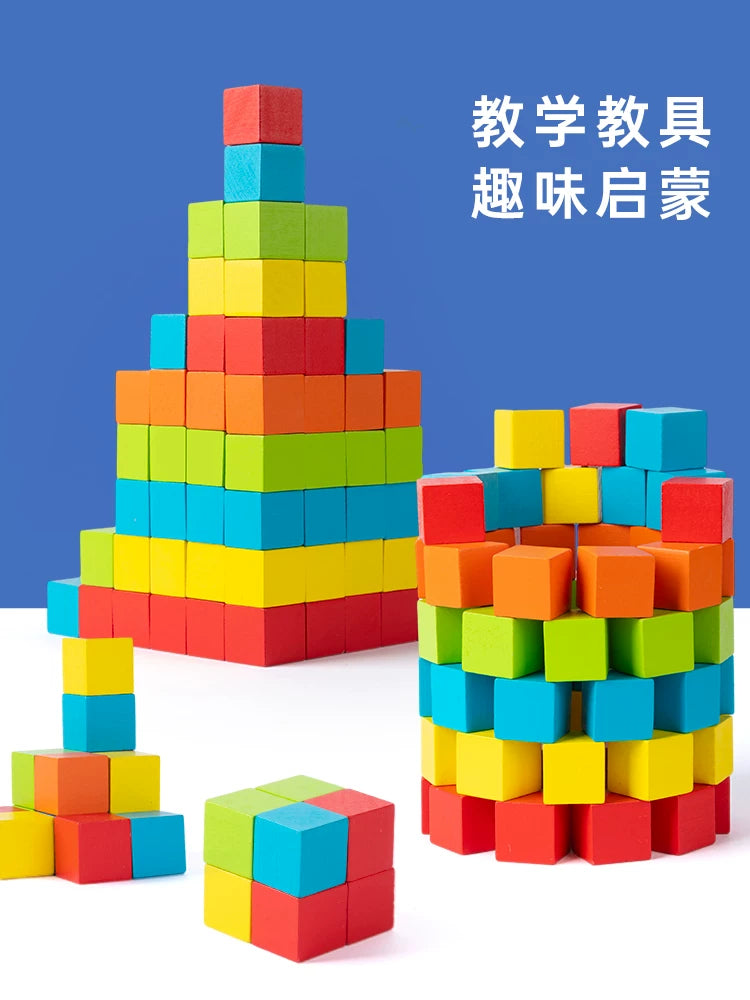 Wooden Cube Building Blocks Math Educational Toy for Kids, Small Square 3D Puzzle for Elementary School Children, Ages 2-6