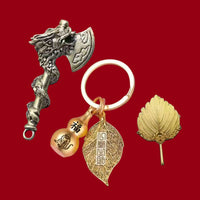 Dragon Axe Gourd Keychain with Fan and Maple Leaf Charms, Zodiac Animal Gift