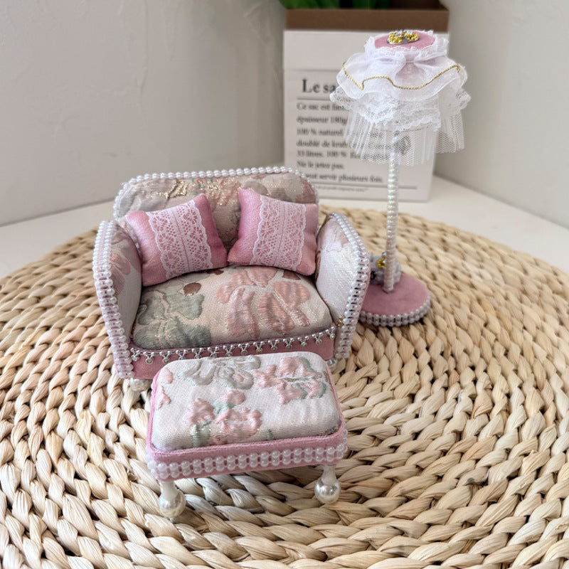 1:12 Dollhouse Miniature Living Room Furniture Set - Pink Floral Sofa, Coffee Table, and Lamp