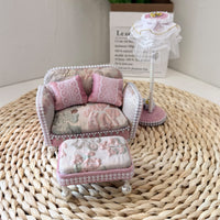 1:12 Dollhouse Miniature Living Room Furniture Set - Pink Floral Sofa, Coffee Table, and Lamp