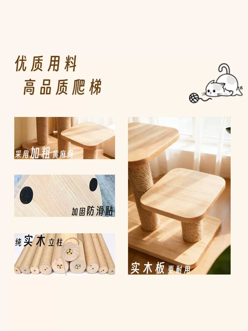 Solid Wood Cat Climbing Ladder for Senior Cats, Multi-level Cat Steps, Scratching Board, Pet Staircase