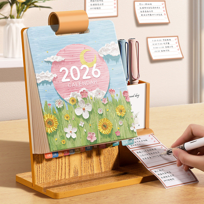 2026 Year of the Horse Wooden Desk Calendar with Pen Holder for Office & Home