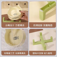 Ceramic Cat Bowl with Wooden Stand, Elevated Pet Food and Water Dish for Cats and Small Dogs, Tilted Anti-Vomit Design