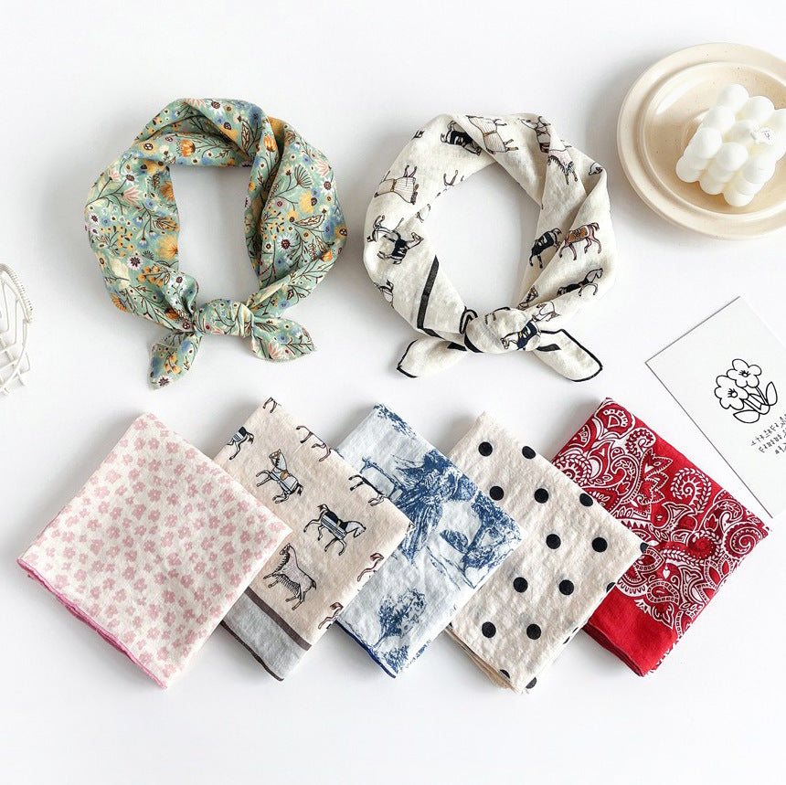 Women's Cotton Digital Print Scarf, Small Square Headscarf for Summer, Fashionable and Versatile