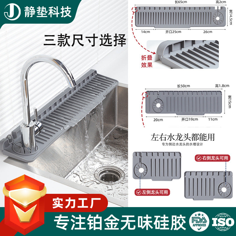 Extended Silicone Faucet Draining Mat with Side Holes, Anti-Splash Kitchen Sink Organizer, No Water Accumulation