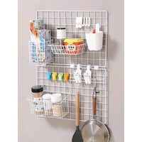 Wall Grid Panel Storage Basket & Hooks for Photo Display & Dorm Decor, No-Drill Iron Wire Mesh Organizer