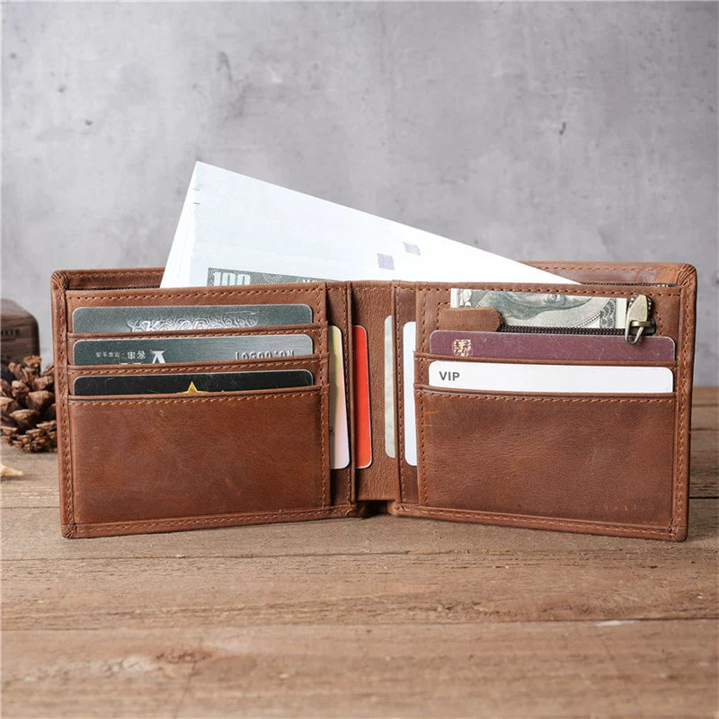 Handmade Crazy Horse Leather Bifold Wallet for Men, Genuine Cowhide Multi-Card Holder with Large Capacity