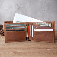 Handmade Crazy Horse Leather Bifold Wallet for Men, Genuine Cowhide Multi-Card Holder with Large Capacity