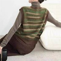 Vintage Striped V-Neck Knitted Vest for Women, Sleeveless Sweater Tank Top