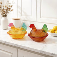 Crystal Glass Hen Candy Dish with Lid, Decorative Chicken Figurine Storage Jar for Living Room Decor