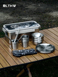 Lvteng Outdoor Portable 304 Stainless Steel Camping Picnic Tableware Set with Storage Box
