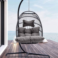 Outdoor Patio Swing Chair Wicker Hanging Basket Seat Foldable for Balcony Garden