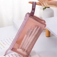 Thickened Mesh Layered Three-Compartment Pencil Pouch, Transparent, Large Capacity for Students