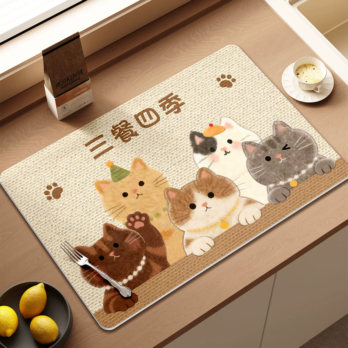 Wabi-Sabi Style Cartoon Diatomaceous Earth Absorbent Mat for Kitchen Countertops and Coffee Machines