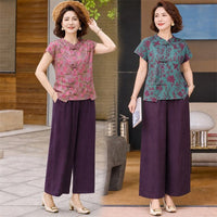 Chinese Style Floral Two-Piece Set with Stand Collar Top and Wide-Leg Pants