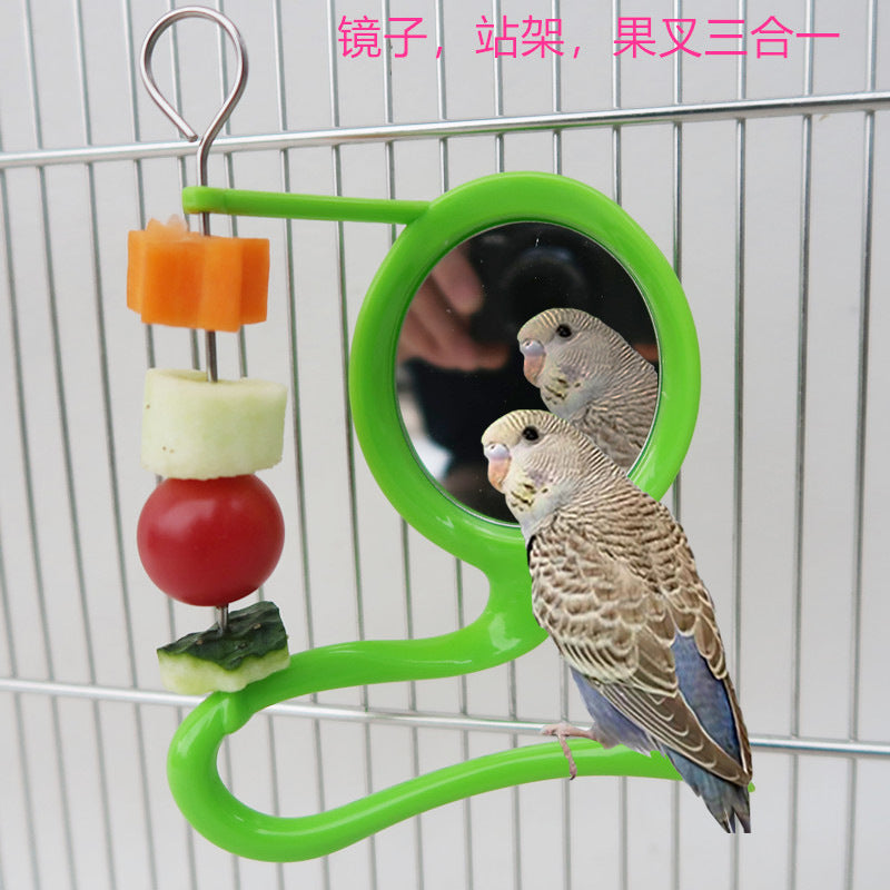 Parrot Bird Stand with Mirror, Fruit Fork, and Vegetable Basket Combo Toy