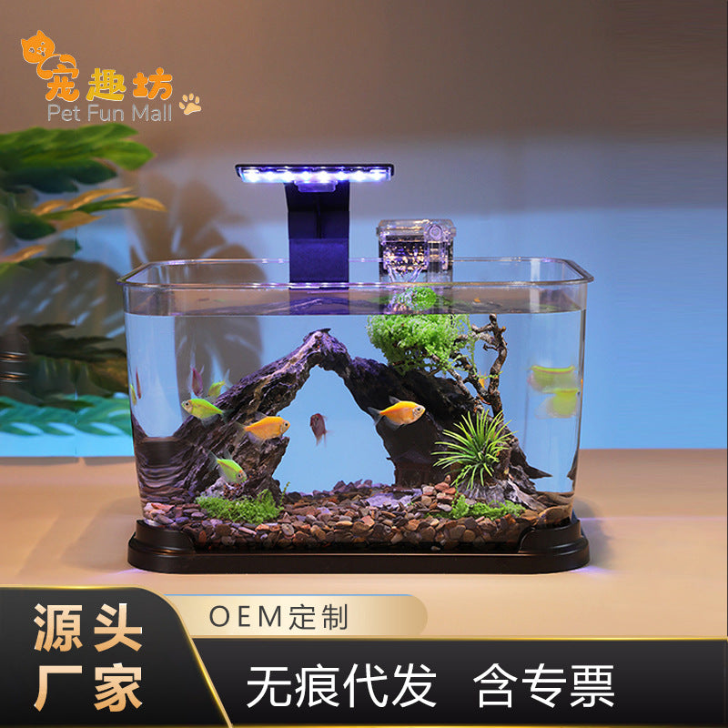 Desktop Stream Aquarium with Integrated Filtration & Oxygenation, LED Lighting, and Landscape Decor