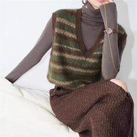 Vintage Striped V-Neck Knitted Vest for Women, Sleeveless Sweater Tank Top