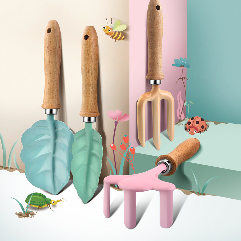 Kids Garden Tool Set with Shovel, Rake, and Three-Prong Fork, Cartoon Design